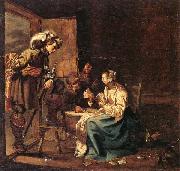 Interior with soldiers and a woman playing cards,an officer watching from a doorway, Jacob Duck